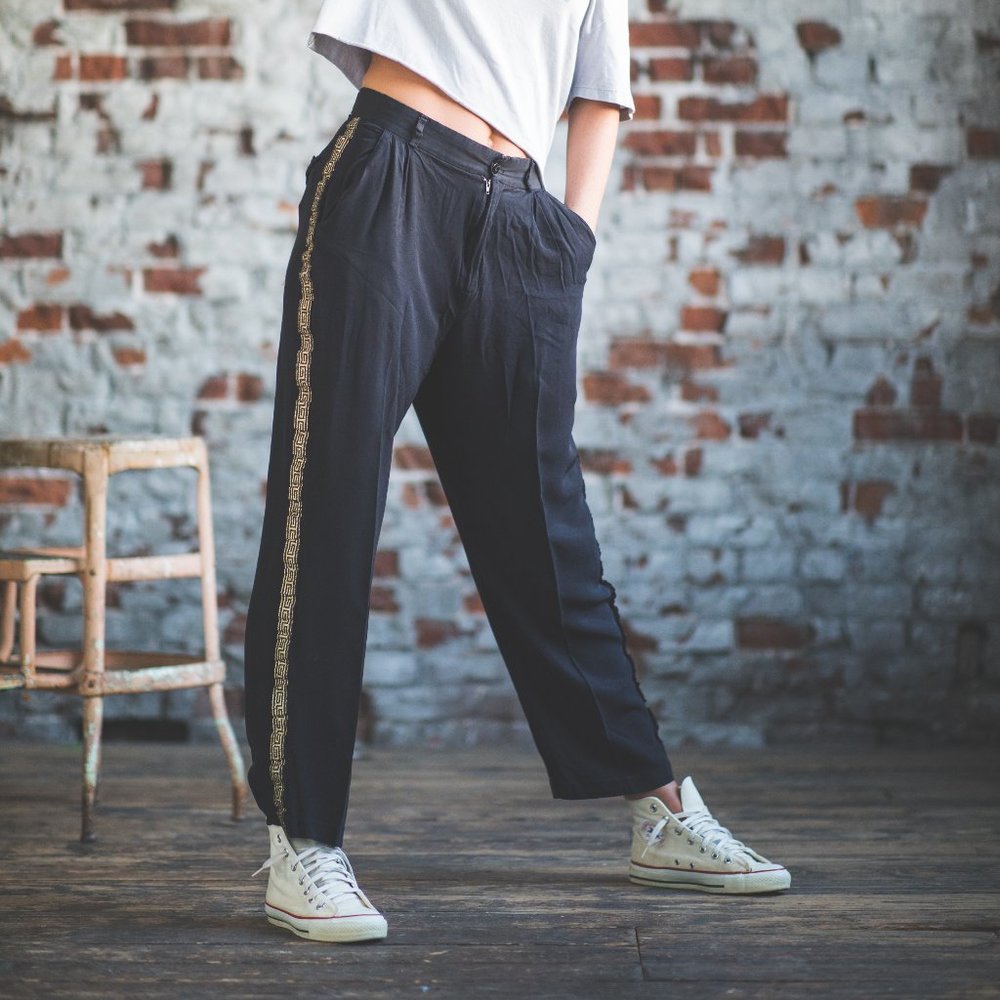Vintage Black Slacks with gold Greek Key on side